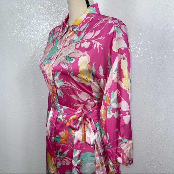 Zara Vibrant Satin Floral Women's collared button down shirt dress Large - Picture 13 of 15